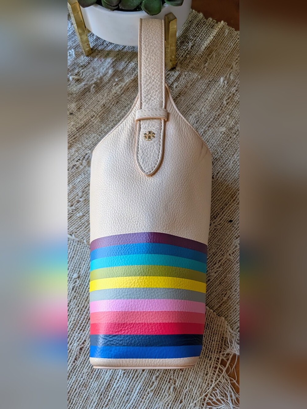 Rare Tory Burch Pink w/ Rainbow 🌈 Leather Wine Tote NEW - Picture 3 of 8